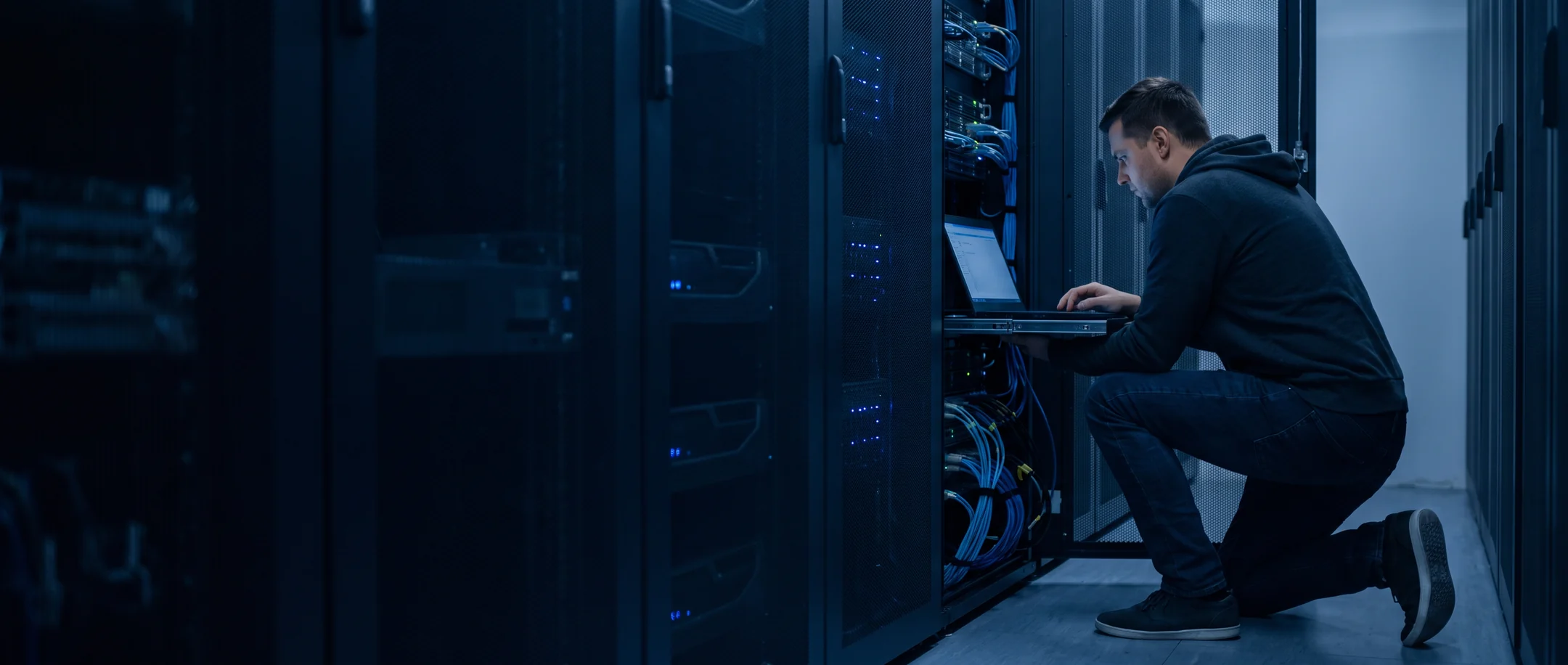 A UK data centre aisle during a planned server migration